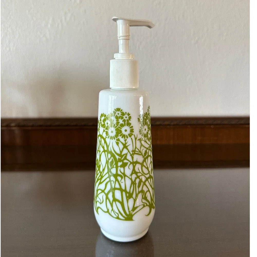 Amway Vintage 70s Milk Glass White Lotion Soap Pump Bottle Green Floral Empty